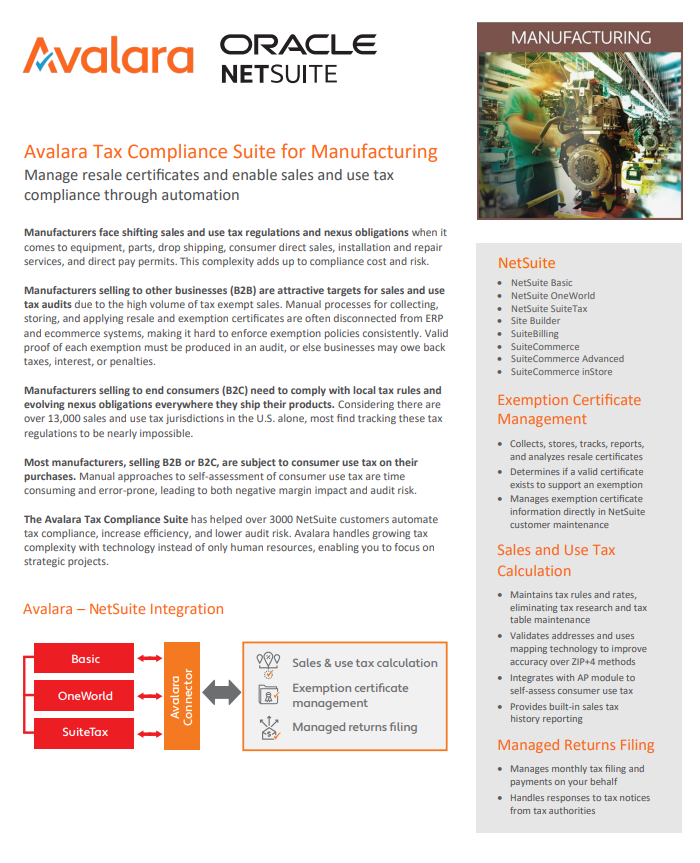 Avalara Tax Compliance Suite for Manufacturing